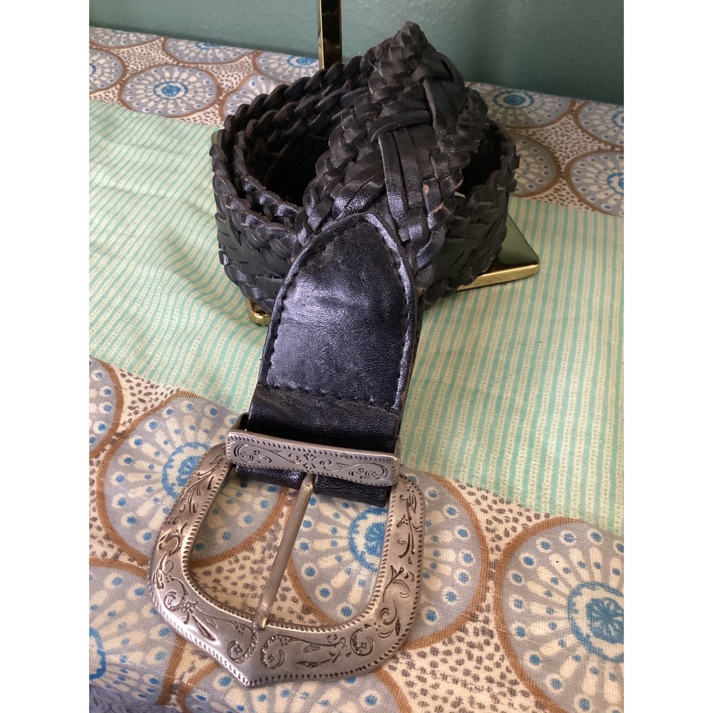 Fossil Black Braided Leather Belt Women Small Silver Ornate Western‎ Buckle Boho